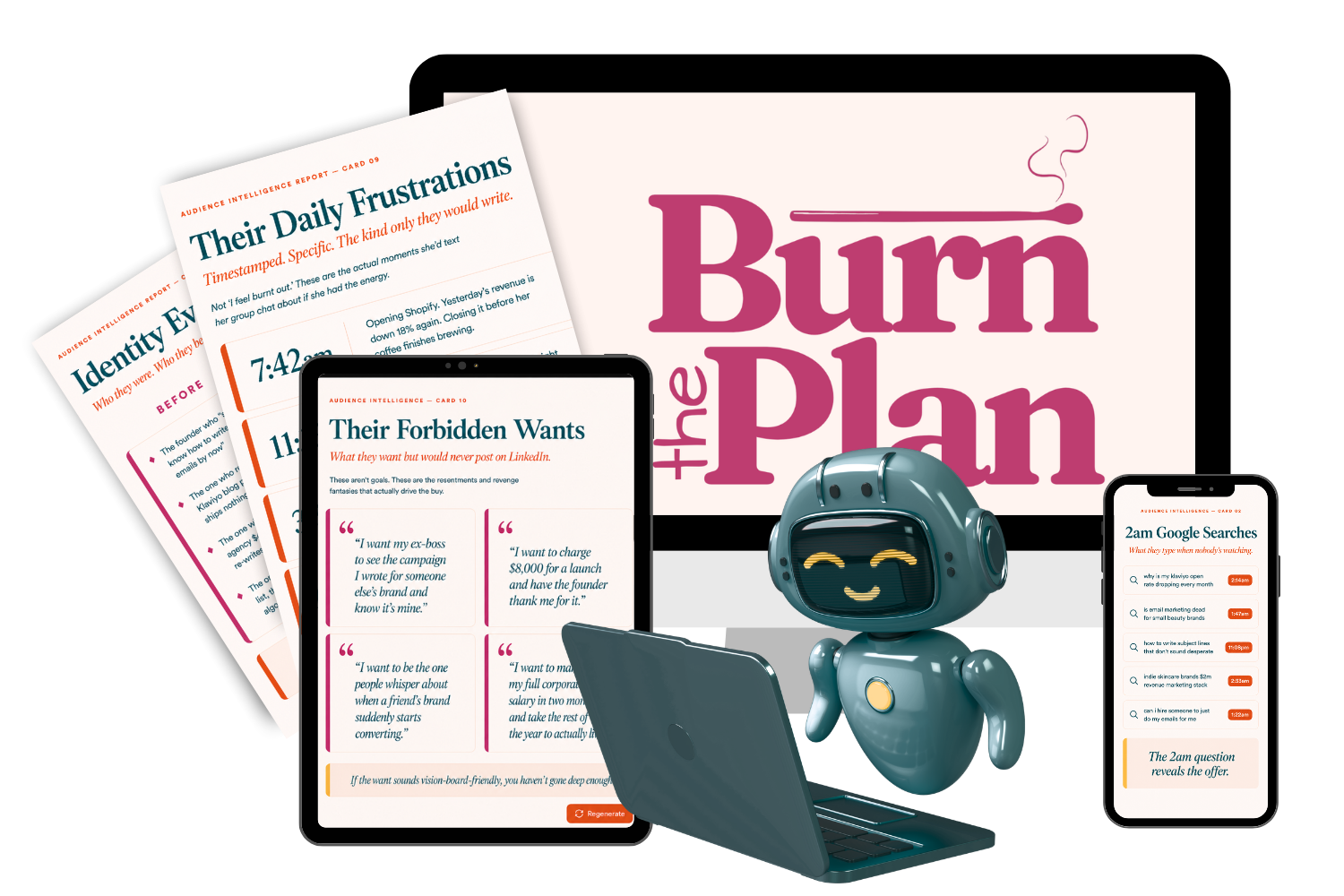 Audience Intelligence Engine output mockup — forbidden wants, 2am Google searches, and daily frustrations