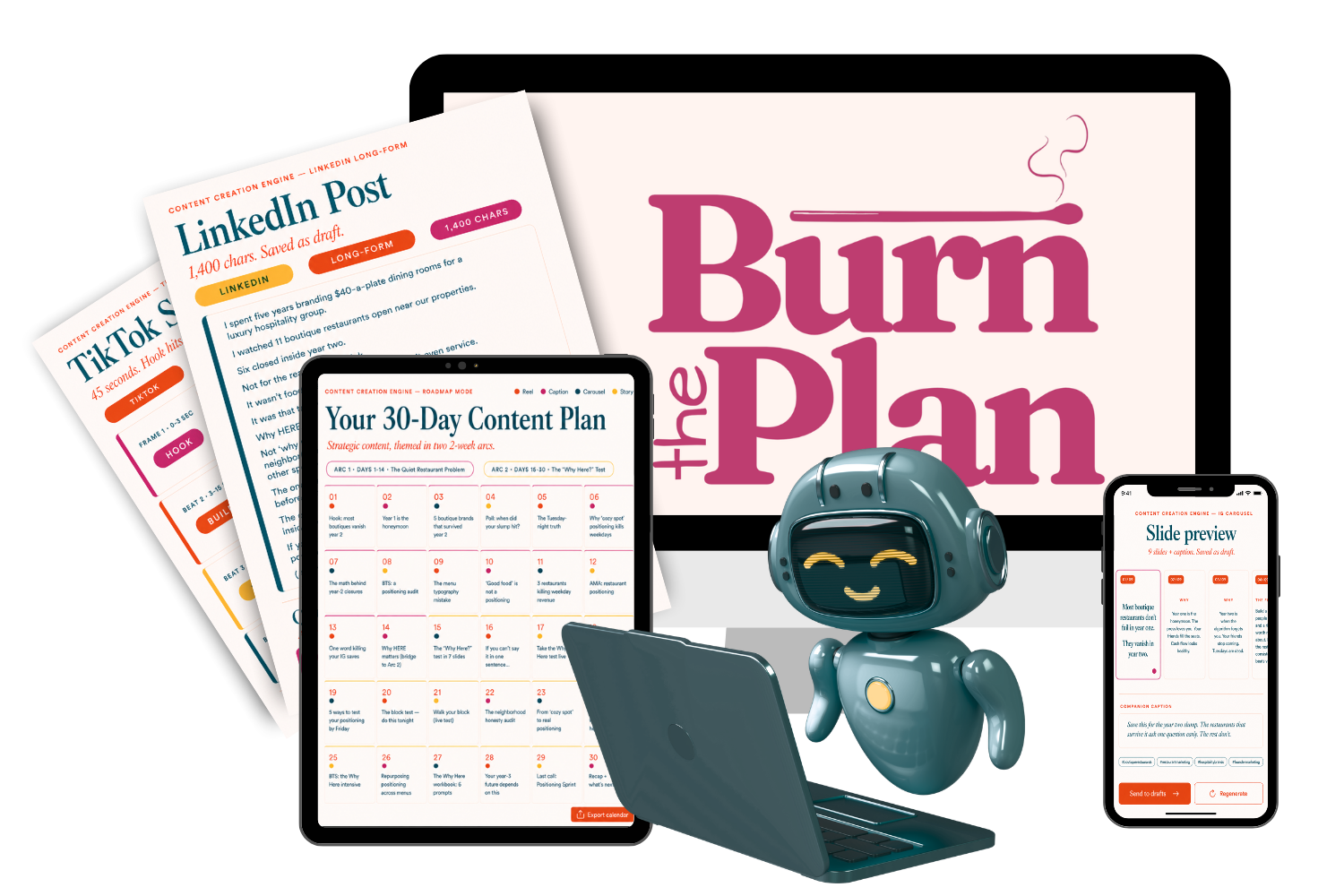 Content Creation Engine output mockup — 30-day content plan, IG carousel slides, TikTok script, and LinkedIn post