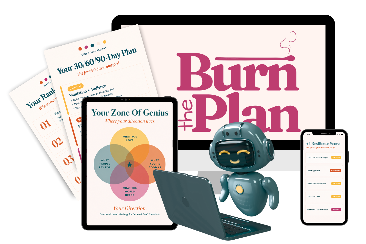 Direction Engine output mockup — ranked directions with AI-resilience scoring and 30/60/90-day starter plan