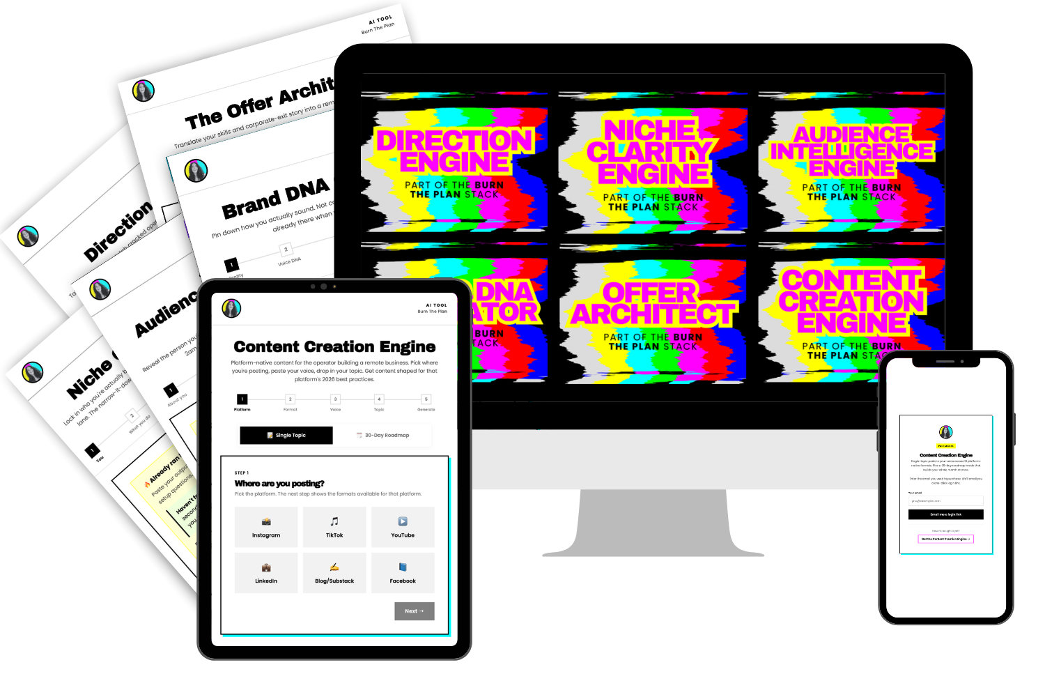 The six Burn The Plan tools shown across devices