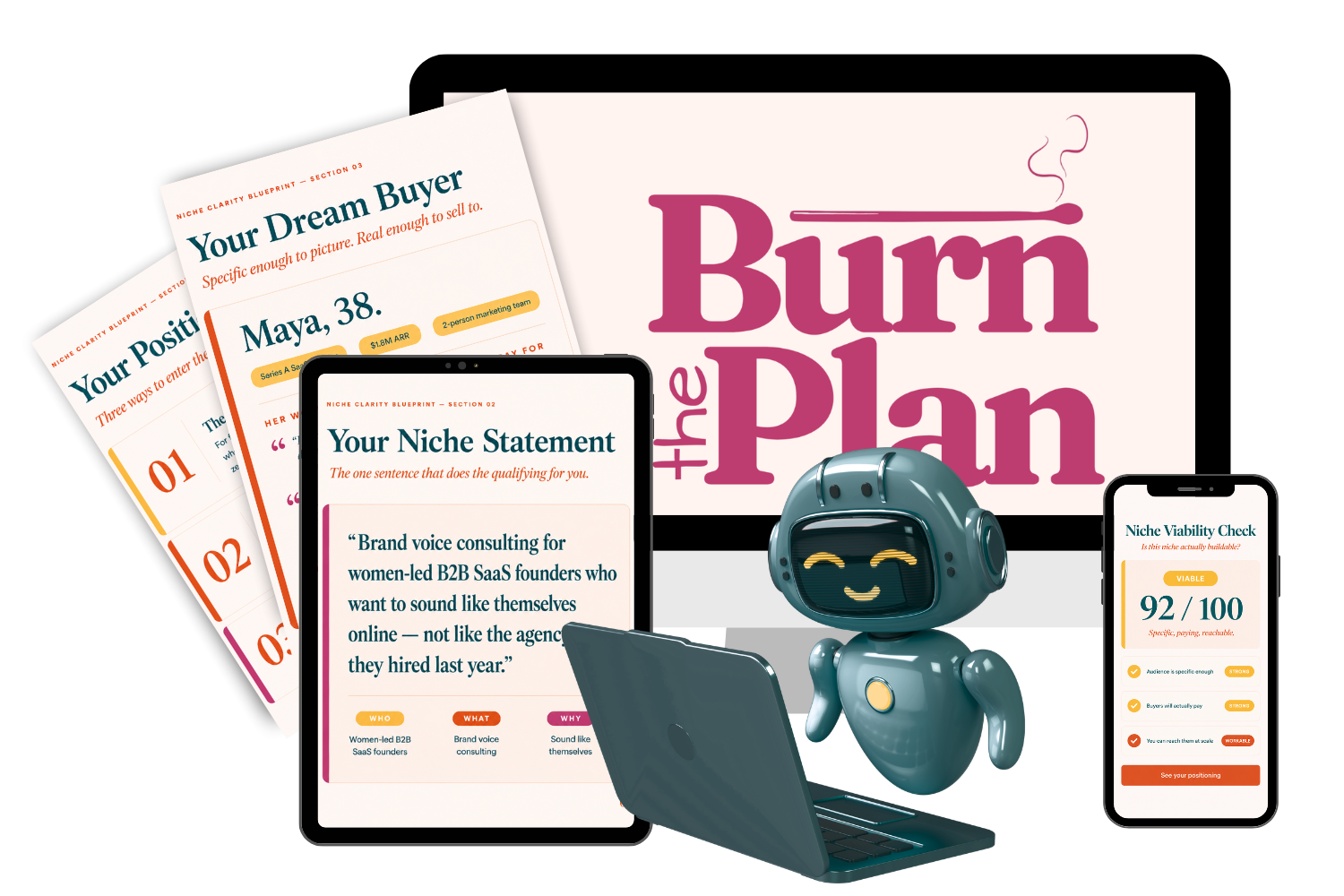 Niche Clarity Engine output mockup — niche statement, dream buyer avatar, and positioning angles
