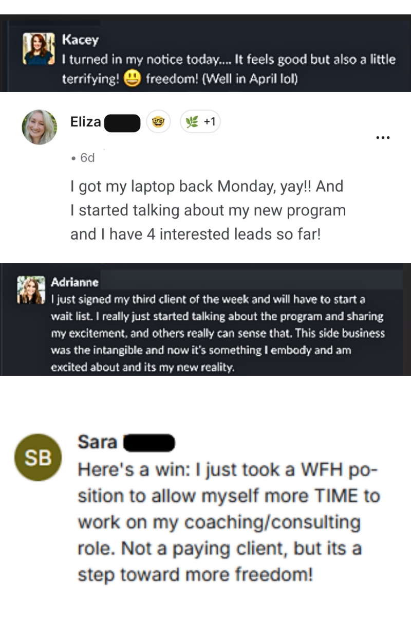 Real screenshots from women building remote businesses