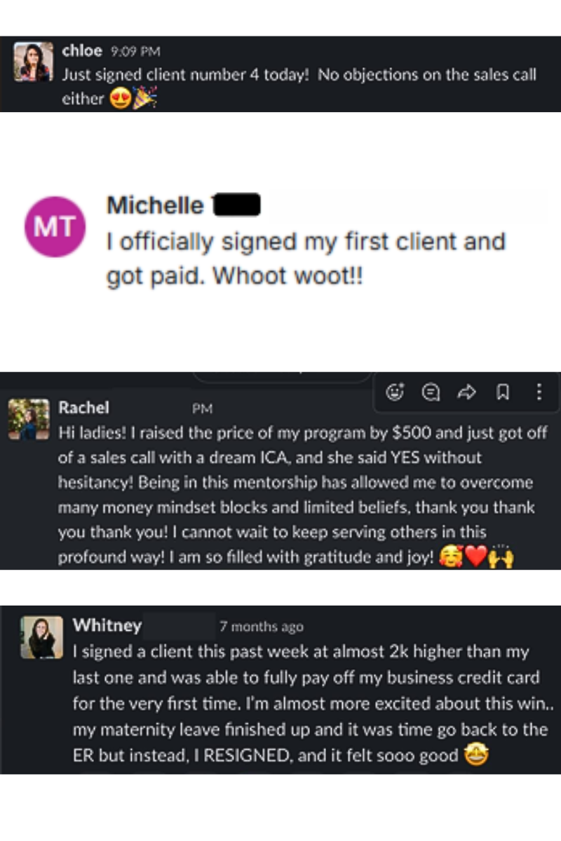 Real screenshots from women building remote businesses