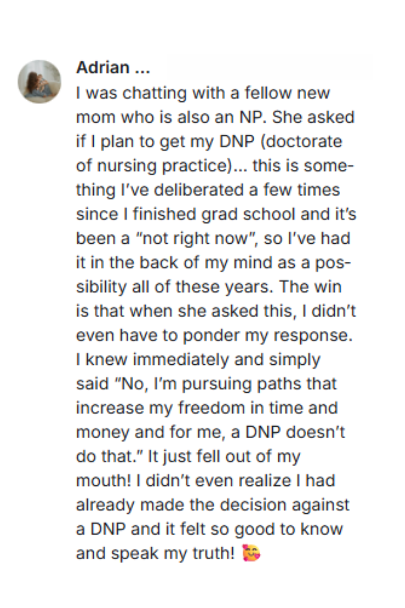 Real screenshot of a woman choosing freedom in time and money over another credential